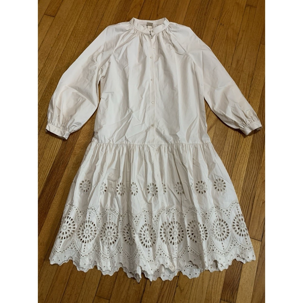H&M Ivory Cutout Eyelet Detailed Long Oversized Drop Waist Dress Sz XS